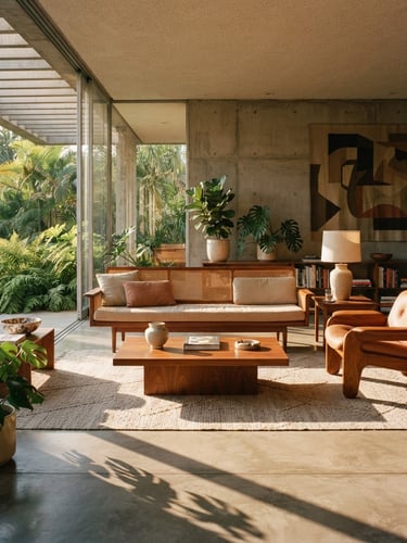 Warm editorial photography of a modernist Brazilian living room, concrete walls, jacaranda wood furniture, soft natural afternoon light casting long shadows on the floor, 35mm