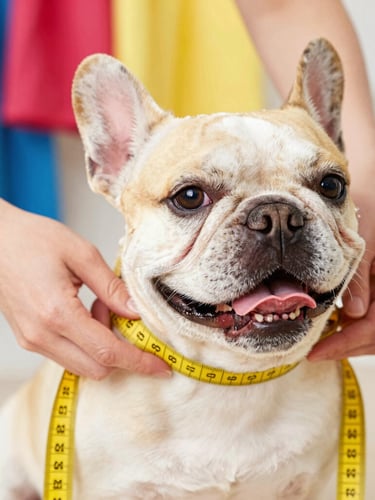 Close-up of a tailor gently wrapping a soft yellow measuring tape around a happy French Bulldog, bright natural light, colorful fabrics in the background, joyful atmosphere