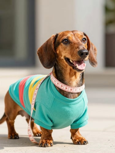 Bright commercial pet photography, a cheerful dachshund wearing a colorful custom-fit teal shirt, a soft measuring tape draped gently over its shoulders, warm natural daylight, crisp focus