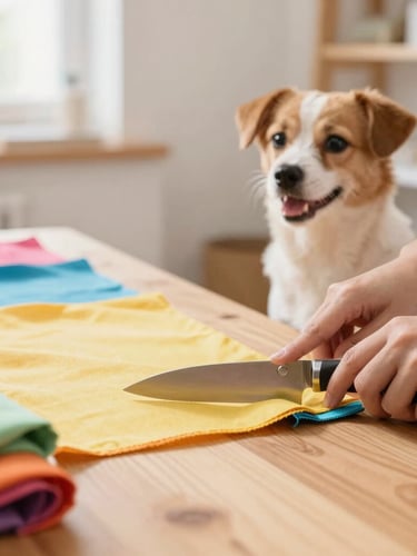 Close-up of hands cutting colorful fabrics on a wooden table in a bright, warm workshop, a happy small dog sitting nearby watching attentively, natural daylight, soft focus.
