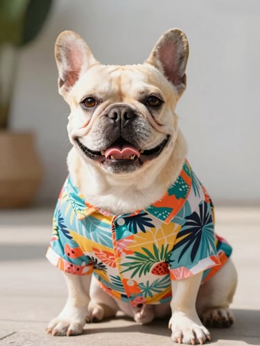 A happy French Bulldog wearing a colorful tropical print shirt, sitting proudly, bright commercial pet photography, warm natural daylight, shallow depth of field