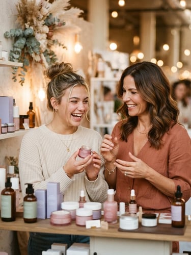 Madre e hija adolescente riendo juntas, explorando productos de belleza en un stand moderno, luz dorada natural, enfoque suave, tonos rosa y lavanda.