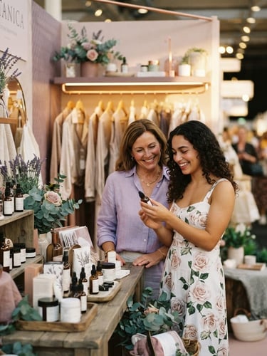 A bright, modern exhibition booth styled with sophisticated rose and lavender tones, elegant clothing racks, and independent beauty products, with a mother and daughter smiling as they browse, warm golden hour light, shallow depth of field, 35mm