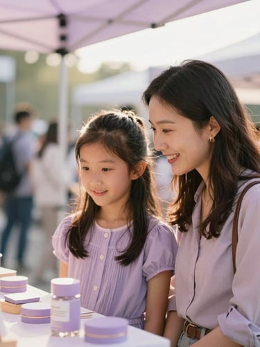 Candid shot of a mother and daughter smiling while looking at a display of artisanal products at an exhibition, soft golden hour light, sophisticated rose and lavender tones, shallow depth of field, 35mm, warm editorial photography, institutional feel.