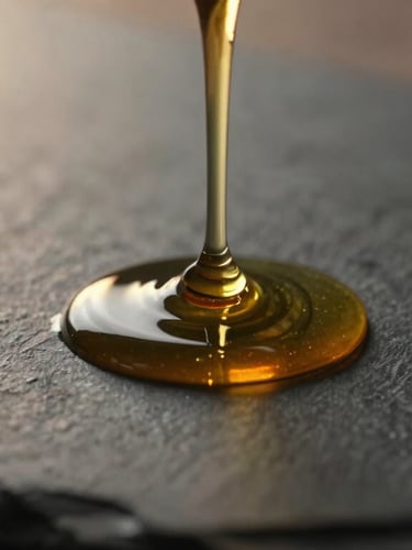 Close-up of warm oil dripping onto a dark slate surface, soft amber backlighting, dramatic chiaroscuro, conveying absolute serenity.