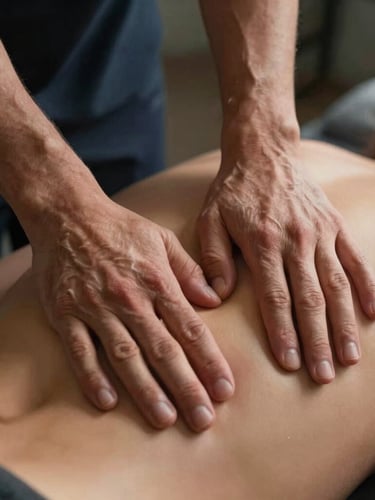 Macro shot of physical therapist hands performing deep tissue myofascial release on a back, low key dramatic warm lighting, dark slate background.