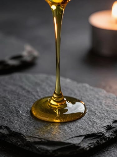 Macro shot of warm golden oil slowly dripping onto dark, textured slate stones, low-key dramatic lighting, candle glow in the background, soft focus, high-end editorial feel.