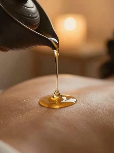 Macro portrait of warm massage oil dripping slowly from a dark ceramic vessel onto smooth, warm skin, dramatic low-key lighting, soft golden amber backlighting, shallow depth of field.