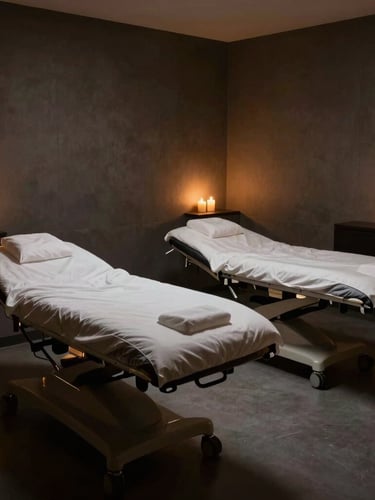 Wide atmospheric shot of the dimly lit, pristine treatment room with warm candle glow, dark slate textures, and absolute privacy.