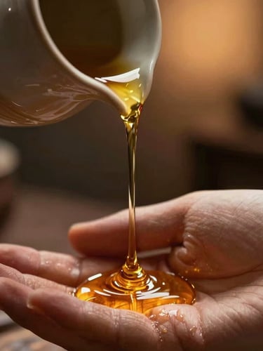Macro close-up shot of warm oil slowly dripping from a ceramic vessel onto hands in motion, low-key lighting with soft amber backlighting, shallow depth of field.
