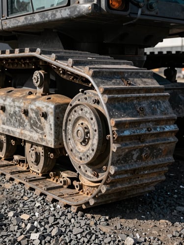 Dramatic close-up of heavy machinery steel treads on gravel, high-contrast morning light, industrial raw texture