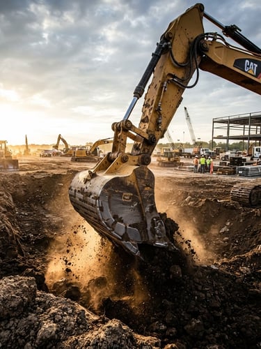 Low-angle dramatic environmental shot of a massive 40-ton excavator bucket slicing into dark earth on a dusty construction site, harsh early morning sunlight casting long shadows.