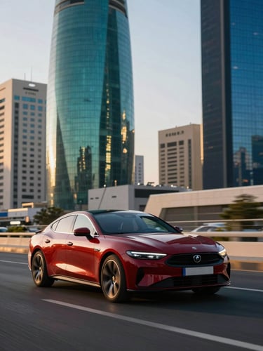 Sleek modern luxury car driving through Kuwait City during golden hour, sharp architectural background, reflections of high-contrast urban daylight