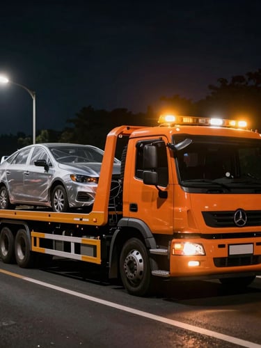 Wide shot of a modern orange flatbed tow truck operating at night, amber emergency lights flashing, illuminating a secured passenger car on a highway, dramatic street lighting, 35mm lens.