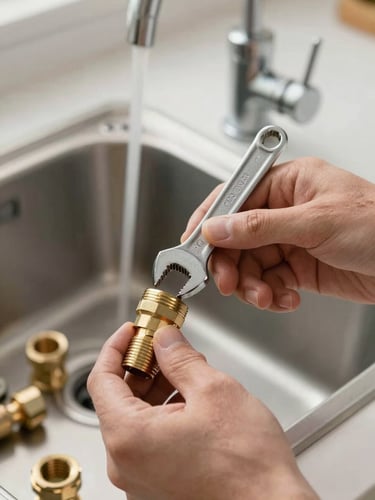 Close-up of clean hands using a steel spanner on brass pipe fittings under a modern kitchen sink, organized technical tools visible in the soft background, natural light.