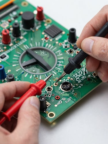 Macro close-up of a digital multimeter testing a complex green circuit board, clean hands holding test probes, bright natural light, technical focus.