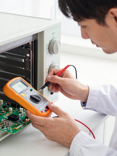 Macro shot of a technician in an immaculate uniform using a digital multimeter to test a luxury oven control board, bright natural light, crisp focus