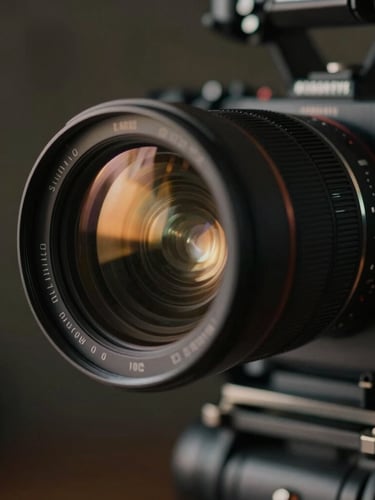 A close-up of an anamorphic camera lens on a heavy rig, shallow depth of field, warm set lights reflecting in the glass, cinematic 35mm photography