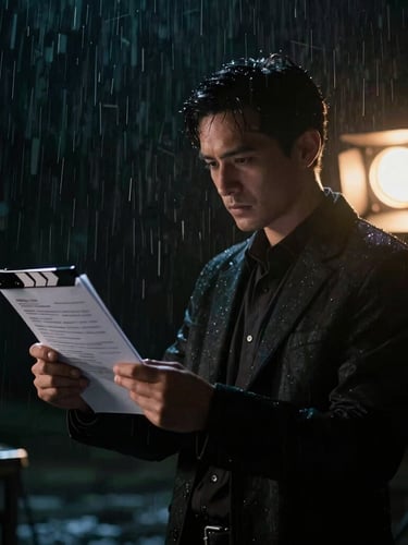 Moody cinematic vertical portrait of a focused line producer holding a call sheet on a dark, rainy night set, illuminated by a single warm production light, anamorphic lens flare, 35mm.