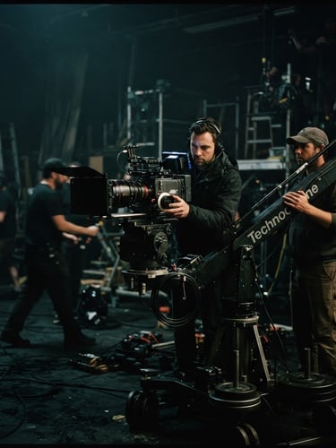 Behind-the-scenes set photo, a heavy camera rig on a crane, dramatic low-key lighting, 35mm cinematic film photography