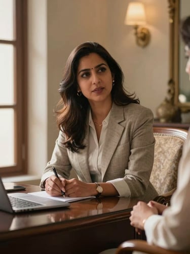 Warm natural daylight portrait of a professional female advisor consulting a family in a refined Jaipur office, soft shadows, elegant interior