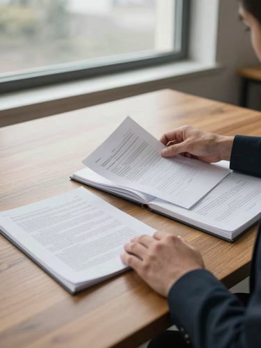 Wide environmental shot of a financial advisor reviewing documents at a large wooden desk, north-facing window light casting soft overcast daylight across open notebooks and printed statements, hands resting on papers mid-review, no eye contact with camera, calm and focused atmosphere
