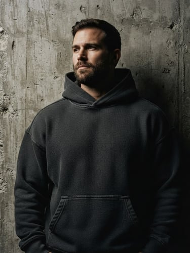 Low-angle heroic medium shot of a model wearing a structured, heavy-gauge charcoal hoodie, standing against a raw concrete brutalist wall, dramatic low-key studio lighting, deep shadows
