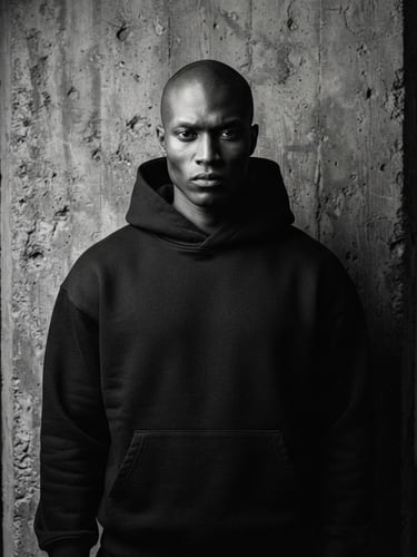 Stoic model wearing a heavyweight structured black hoodie, architectural concrete column background, dramatic low-key studio lighting with deep shadows, sharp focus, 35mm film grain