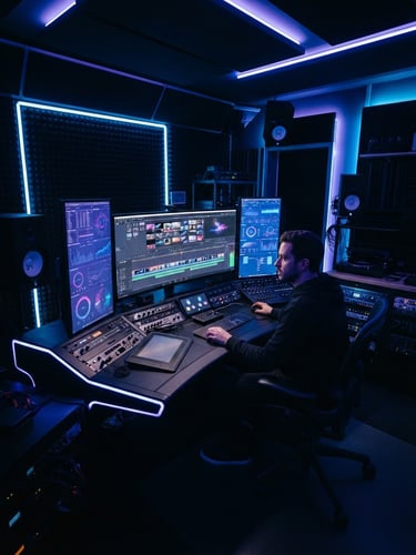 Wide shot of a high-tech dark creative studio, glowing screens displaying data dashboards and video editing timelines, electric blue and violet neon accents, ultra-modern high-contrast aesthetic, 35mm.