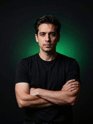 Moody dark portrait of a confident male mentor in a minimalist workspace, high-contrast studio lighting, deep black background with subtle emerald green reflection, 85mm portrait lens.