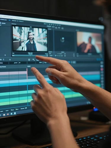 Close-up of a director's hands reviewing a color grading monitor in a dark grade suite, the screen casting cool blue-teal light on the hands, film stills visible on a secondary monitor in soft focus behind, no faces
