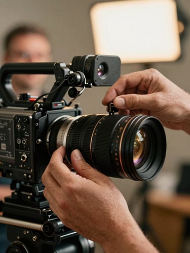 Close-up of a cinematographer's hands adjusting a prime lens on a cinema camera body, shallow depth of field, warm tungsten practicals glowing out of focus in the background, film grain texture visible in the shadow areas