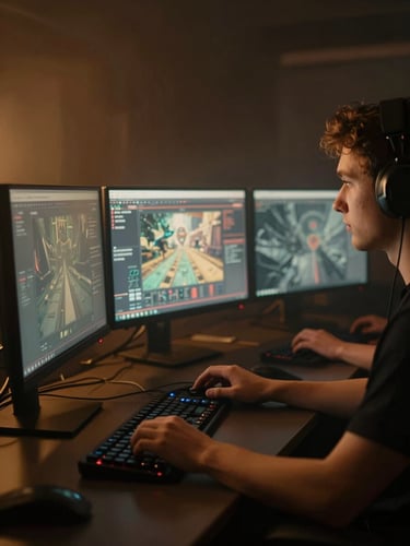 Close-up of game developers at dual-monitor workstations in a dark room, dramatic chiaroscuro amber rim lighting, moody atmospheric fog, 35mm