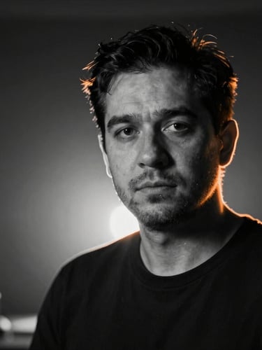 A close-up portrait of a game director in a dark studio room, high-contrast black-and-white photography with sharp amber rim lighting, moody atmosphere.