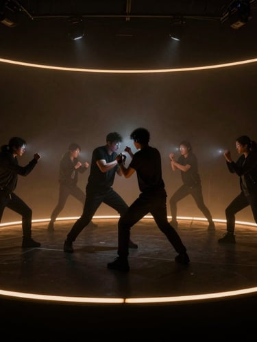 A dark motion capture stage with actors in active combat, glowing optical markers, moody atmospheric fog, amber rim lighting.