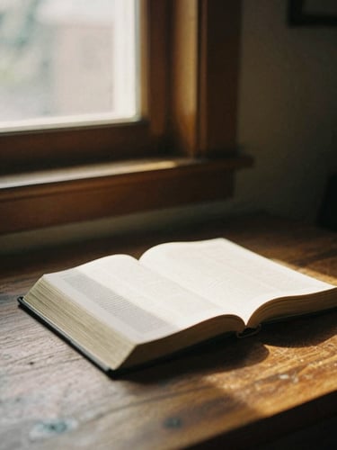 A quiet study room with warm golden-hour light filtering through a wooden window, illuminating an open Bible and a notebook on a dark oak table, soft focus, 35mm film.