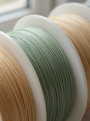 Close-up macro photograph of raw eco-friendly filament spools in sage green and warm sand tones, soft directional natural daylight highlighting the matte texture, 50mm lens