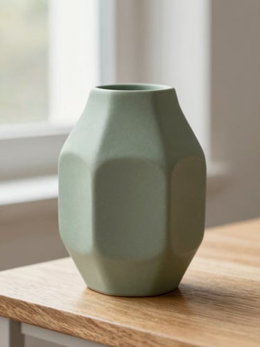 Macro photograph of a matte sage green geometric vase on a sunlit oak shelf, showing flawless micro-layer textures, soft natural window light, 50mm lens