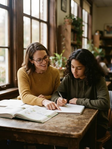 Warm editorial photography of a teacher mentoring a student near a large window, soft natural light, rich muted tones, shallow depth of field, authentic 35mm style