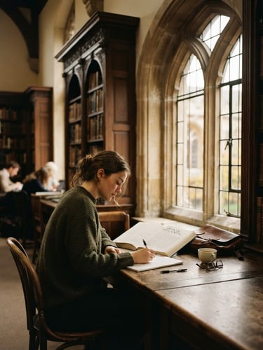 A student engaged in quiet study by a large arched window, warm natural light, classical library setting, rich muted tones, 35mm photography