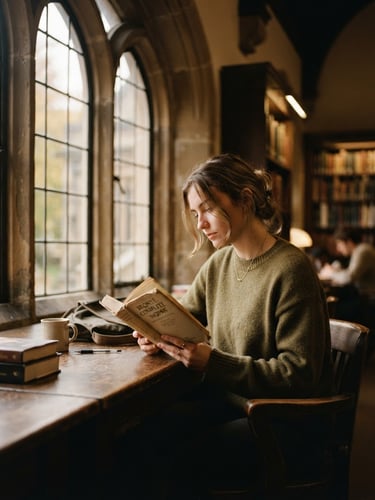 A thoughtful young student reading a book by a large arched window, warm natural light illuminating the page, soft focus, rich muted academic tones.