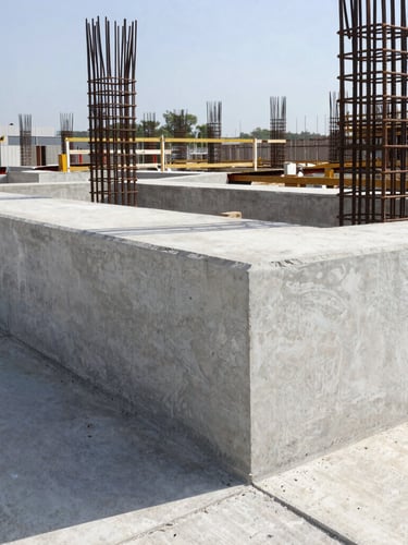 Sharp daylight architectural photography of a concrete quality test on a construction site, structural steel reinforcement visible in background, professional engineering environment