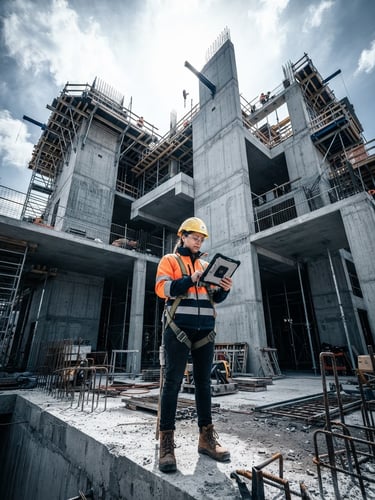 Low-angle architectural photography of a modern concrete structure under construction, an engineer in safety gear holding a digital tablet in the foreground, high contrast daylight, sharp steel blue tones.