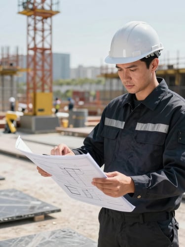 Professional engineer in a clean dark uniform looking at technical blueprints on a digital tablet, active organized construction site background, sharp daylight