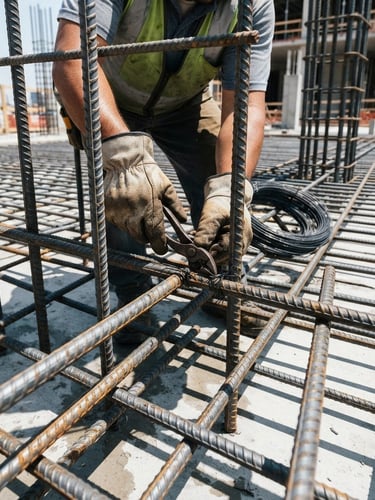Close-up of structural steel reinforcement bars being wired together on a clean construction site, bright daylight, high-contrast shadows, architectural precision
