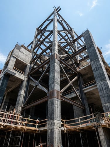 Architectural photography, low-angle shot of a concrete structure under construction, structural steel beams, bright daylight, high contrast slate tones