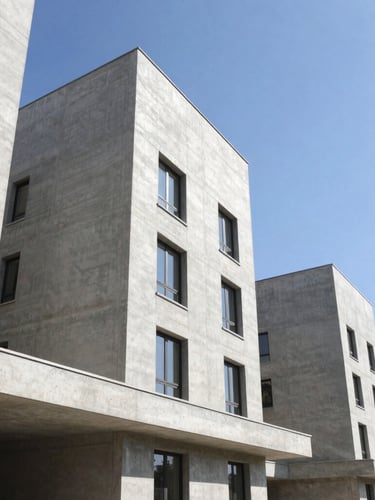 Low-angle architectural perspective of a newly constructed modern concrete residential cluster with clean geometric lines, bright daylight, clear blue sky