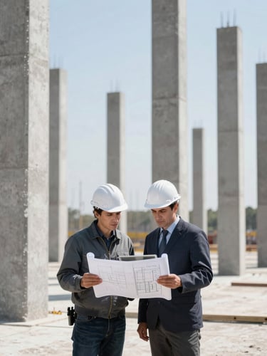 Professional civil engineers looking at structural blueprints on a tablet on-site, concrete columns in background, crisp daylight, high contrast