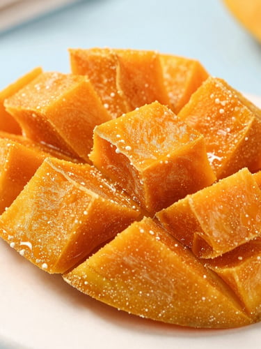 Macro photograph of perfectly cubed dehydrated mango, sharp focus on rich orange texture, bright natural daylight, clean industrial precision, 50mm lens
