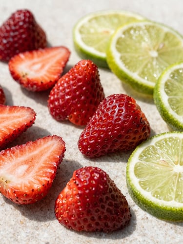 Bright natural daylight shot of premium dehydrated sliced strawberries and lime wheels arranged on a clean light stone surface, vibrant red and green colors, sharp details
